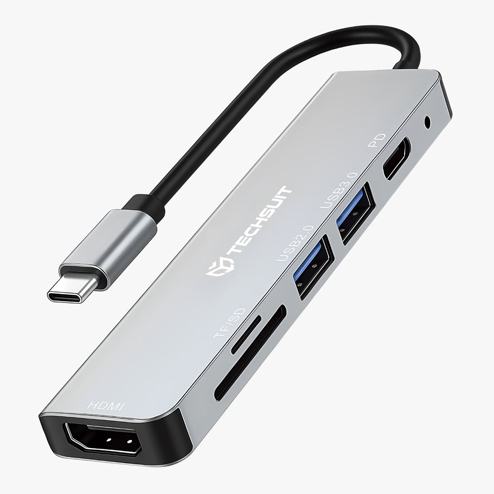 Hub USB-C Techsuit H5 TurboChargeX, 6v1, Šedý