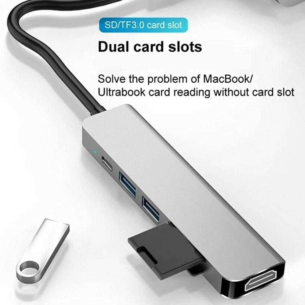 Hub USB-C Techsuit H5 TurboChargeX, 6v1, Šedý