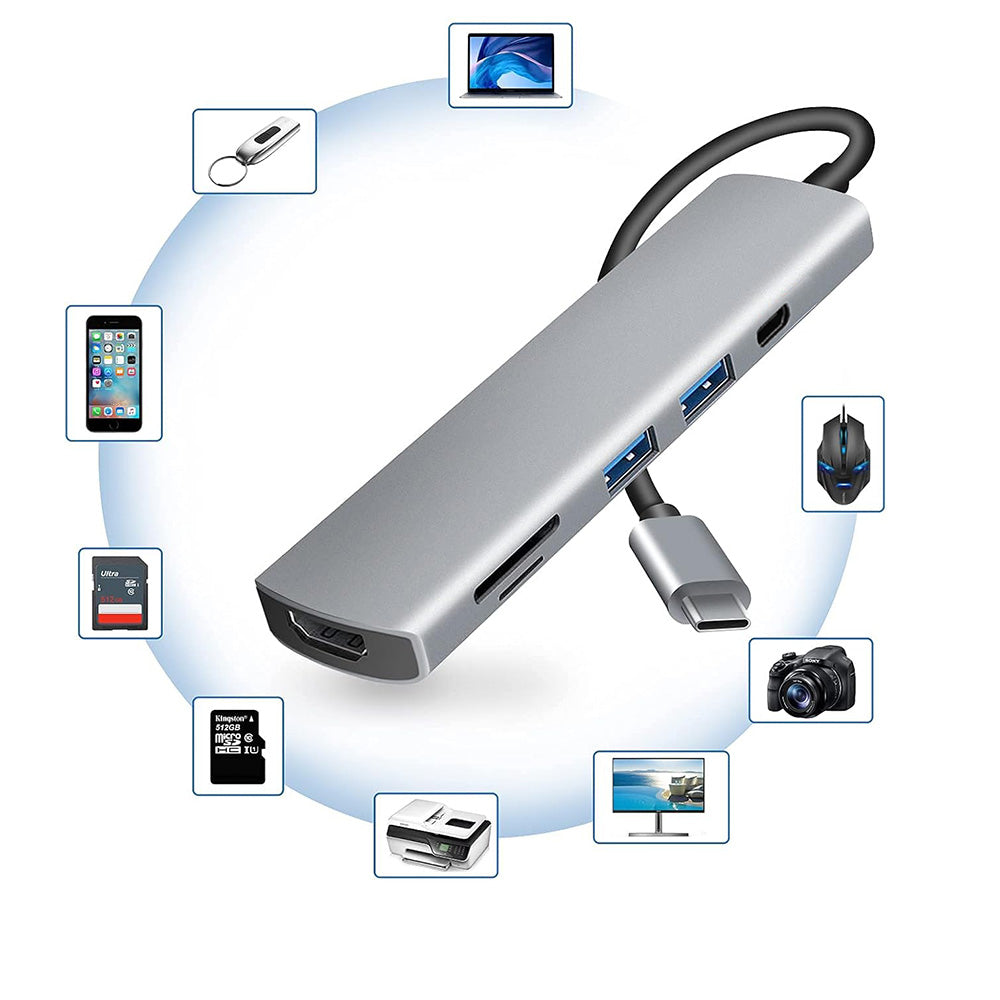 Hub USB-C Techsuit H5 TurboChargeX, 6v1, Šedý