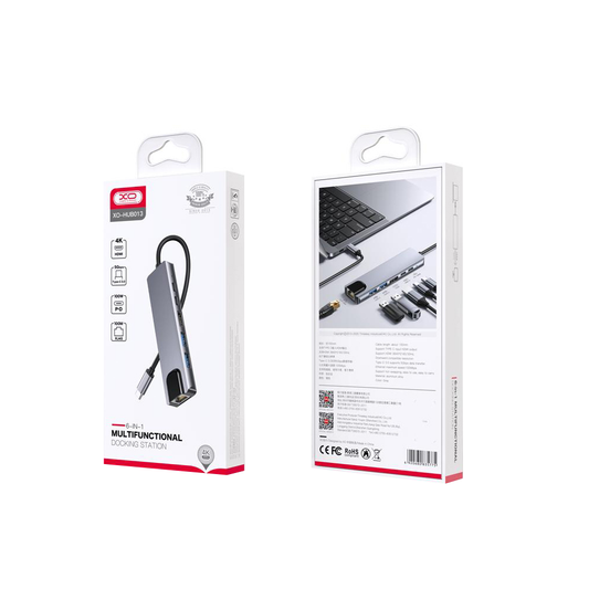 Hub USB-C XO Design HUB013, 1 x USB-A - 1 x USB-A 3.0 - 2 x USB-C - 1 x HDMI - 1 x RJ45, Šedý