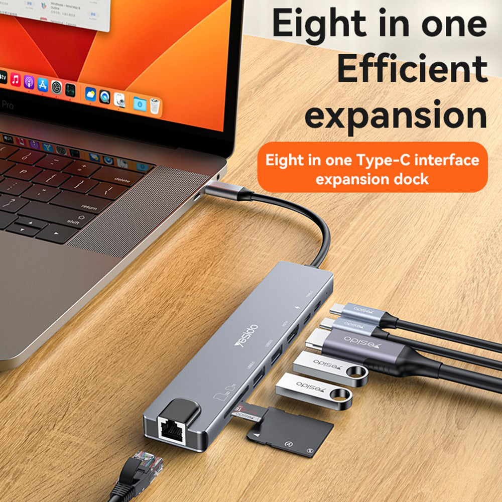Hub USB-C Yesido HB27, 8v1, Šedý