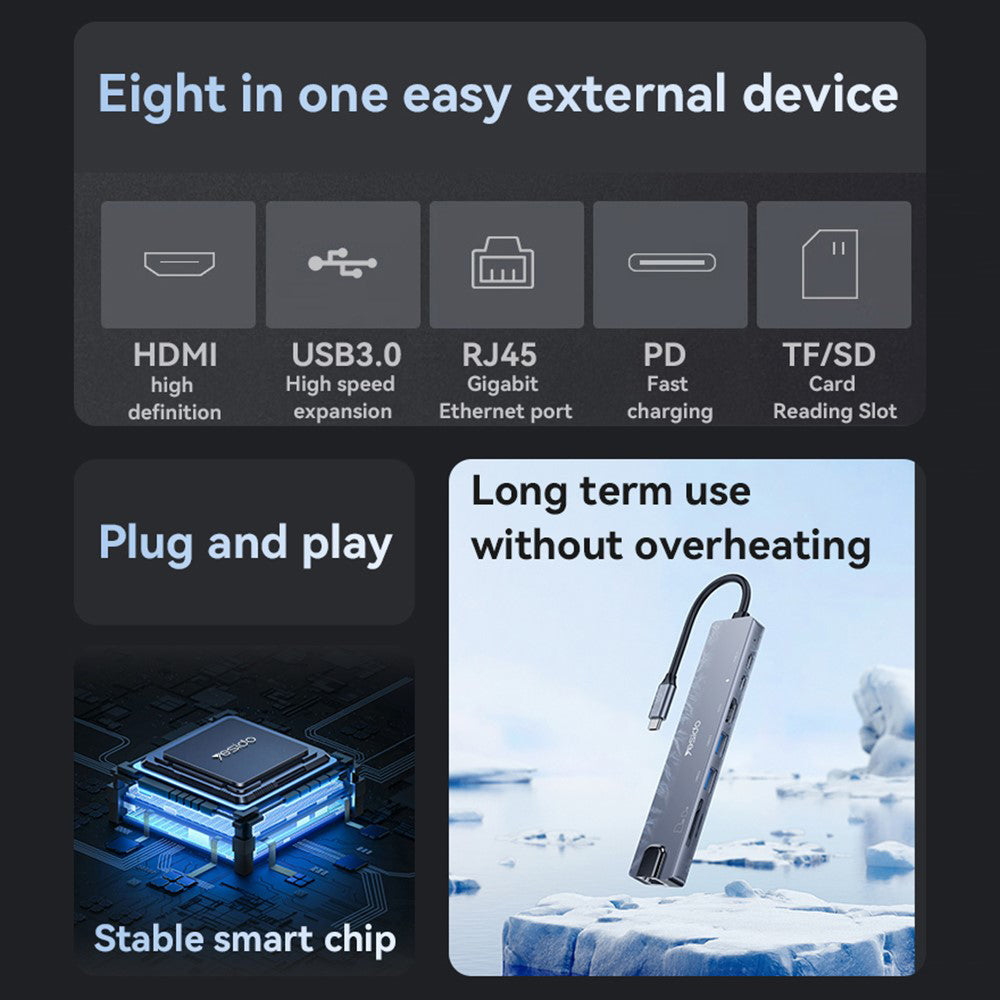 Hub USB-C Yesido HB27, 8v1, Šedý