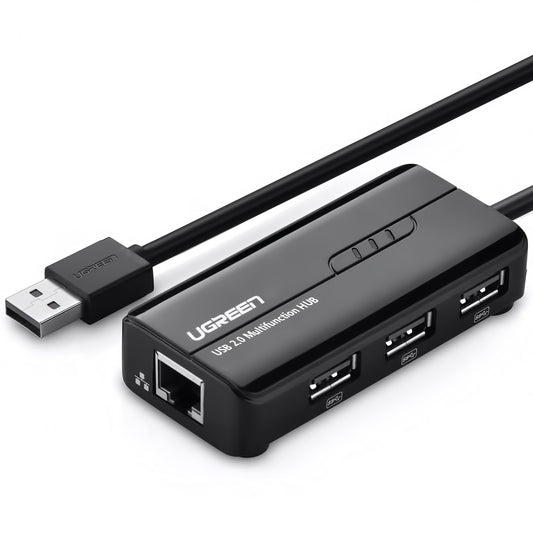 Rozbočovač USB UGREEN 20264, 3 x USB-A - 1 x RJ45, černý