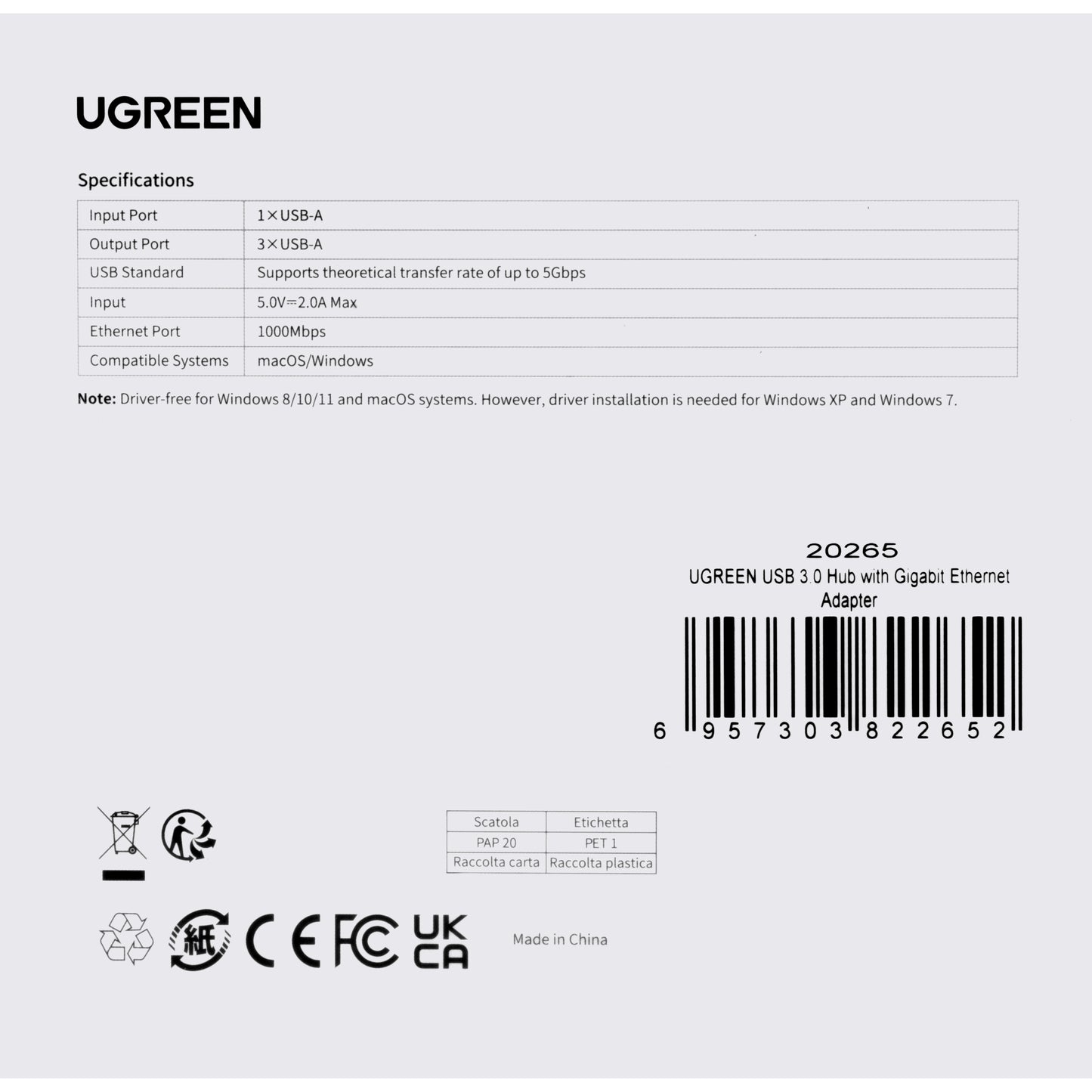 USB hub UGREEN 20265, 3 x USB-A 3.0 - 1 x RJ45, černý