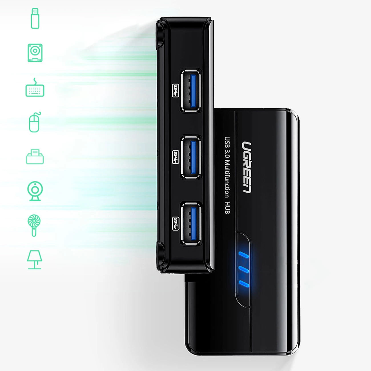 USB hub UGREEN 20265, 3 x USB-A 3.0 - 1 x RJ45, černý