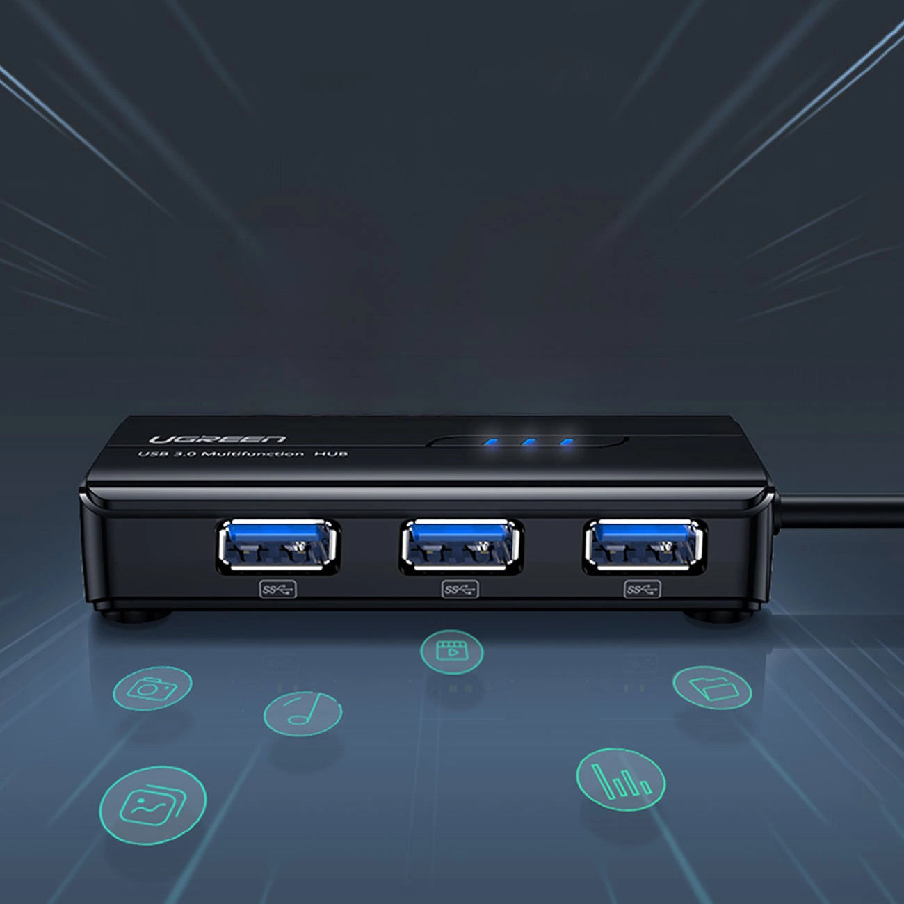 USB hub UGREEN 20265, 3 x USB-A 3.0 - 1 x RJ45, černý