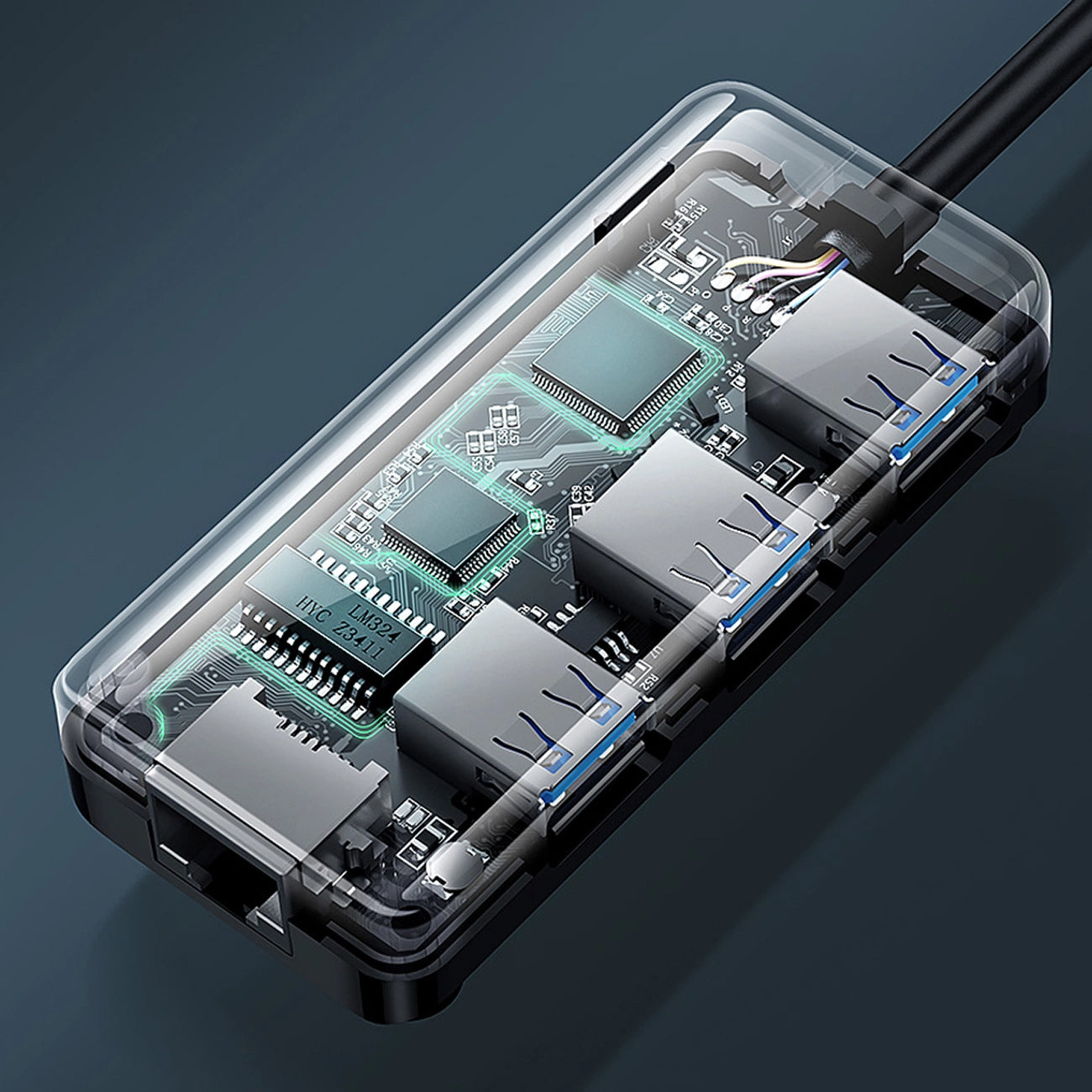 USB hub UGREEN 20265, 3 x USB-A 3.0 - 1 x RJ45, černý