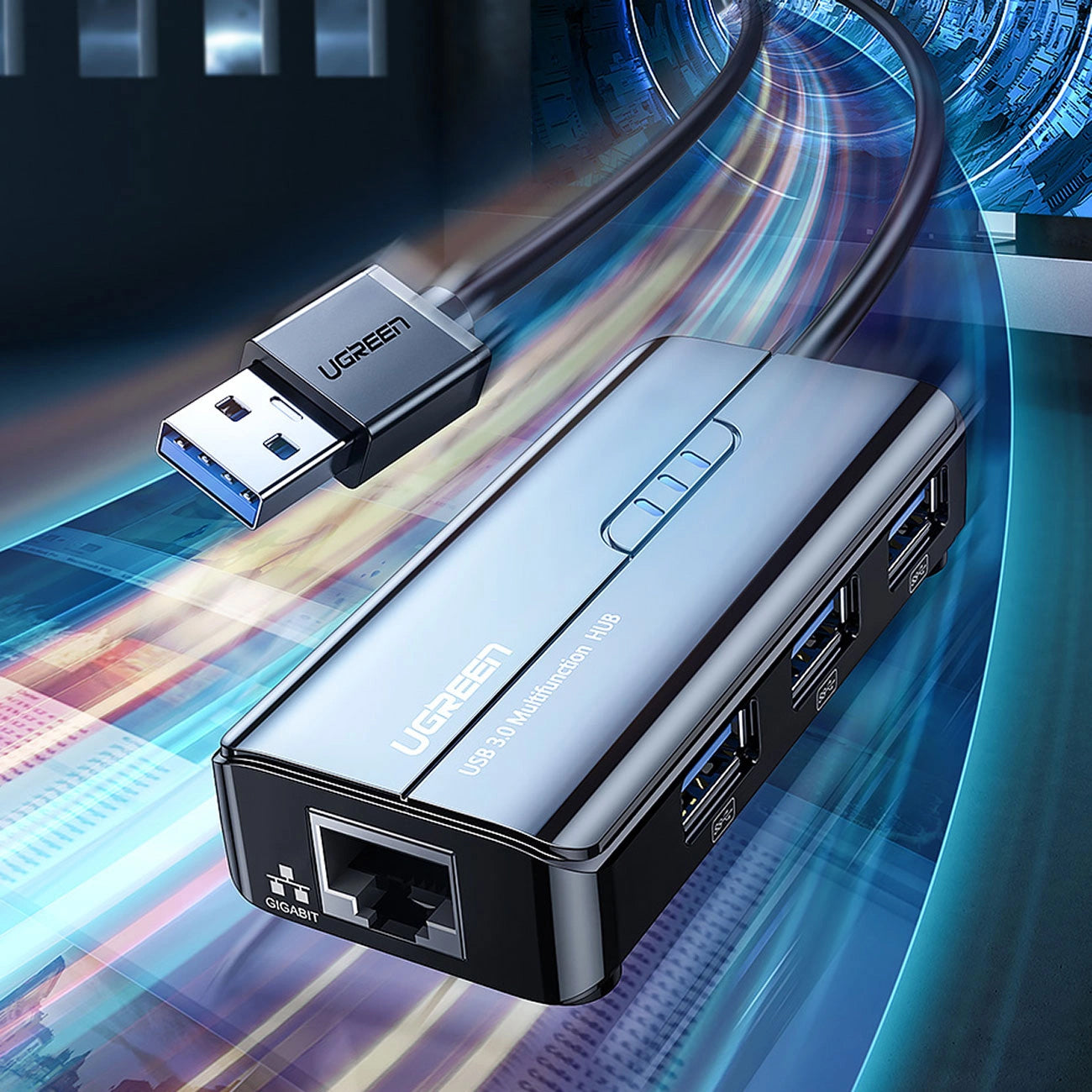 USB hub UGREEN 20265, 3 x USB-A 3.0 - 1 x RJ45, černý