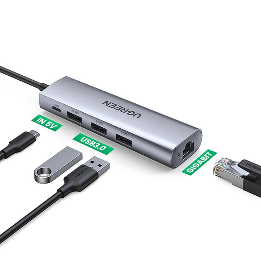 Rozbočovač USB UGREEN CM266, 3 x USB-A 3.0 - 1 x RJ45, šedý