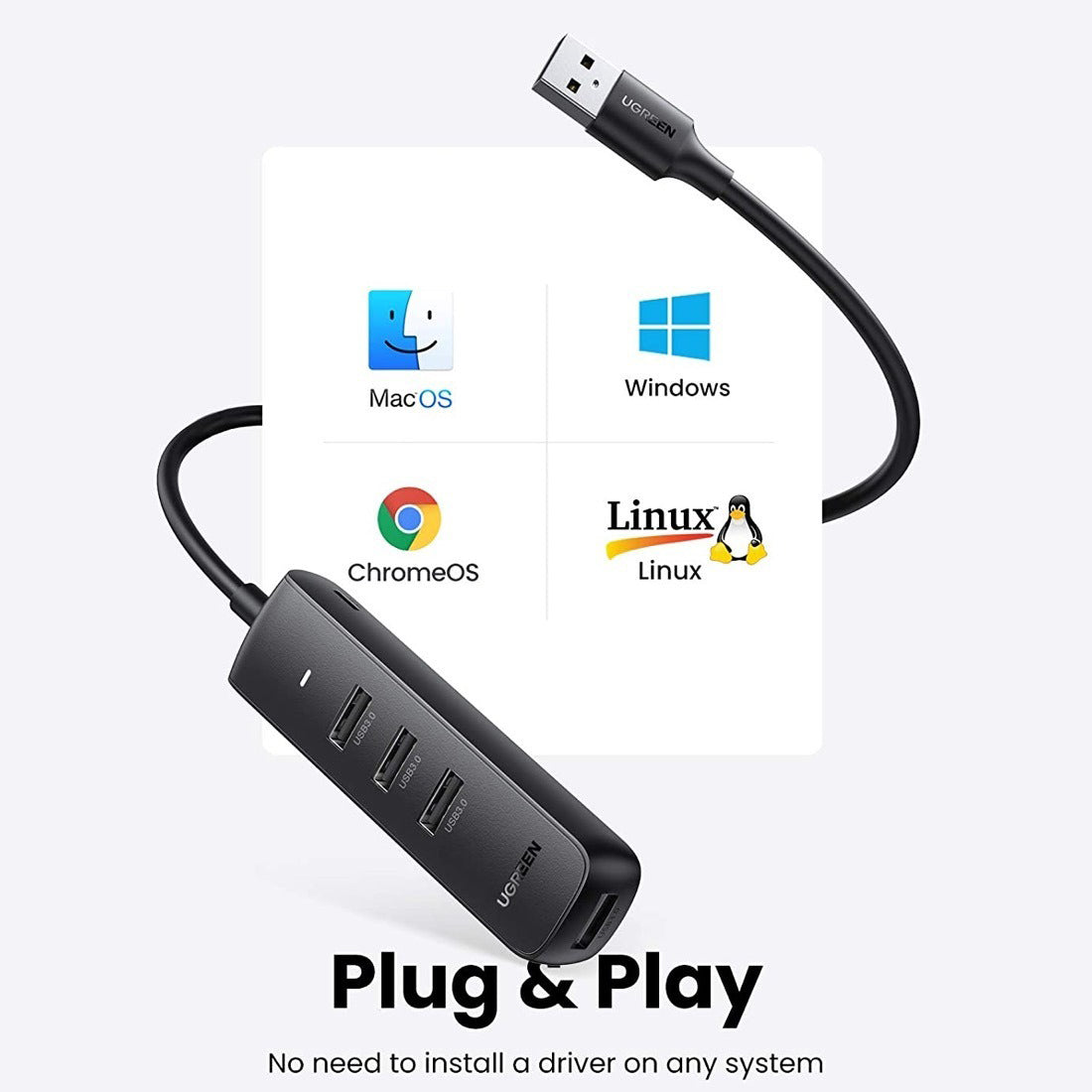 USB hub UGREEN CM416, 4 x USB-A 3.0, 0,25 m, černý