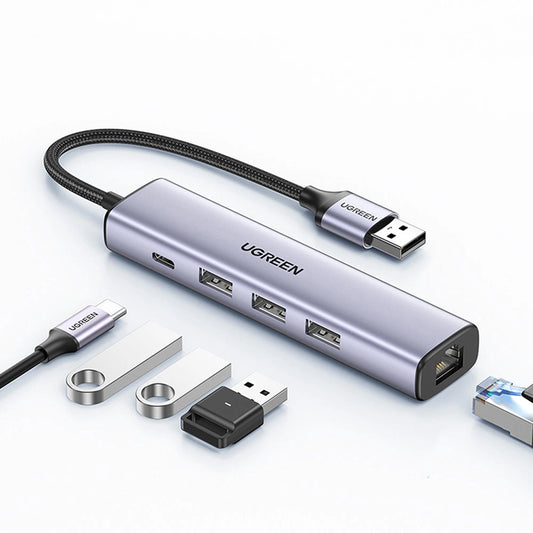 Hub USB UGREEN CM475, 3 x USB-A 3.0 - 1 x USB-C - 1 x RJ45, šedý