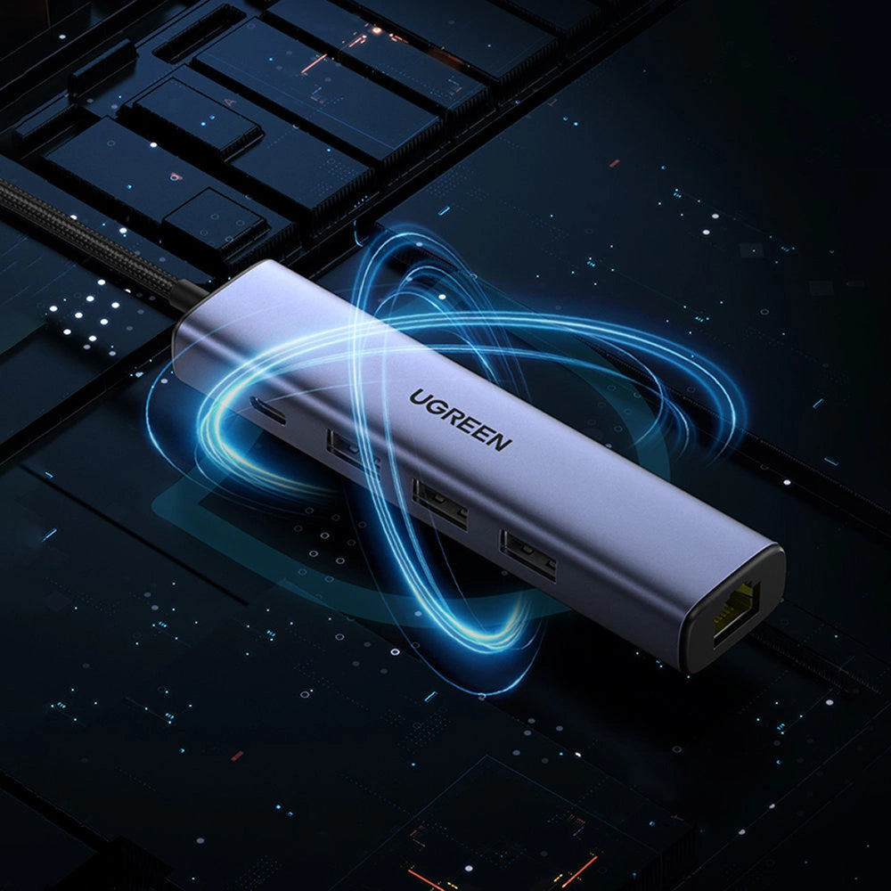 Hub USB UGREEN CM475, 3 x USB-A 3.0 - 1 x USB-C - 1 x RJ45, šedý