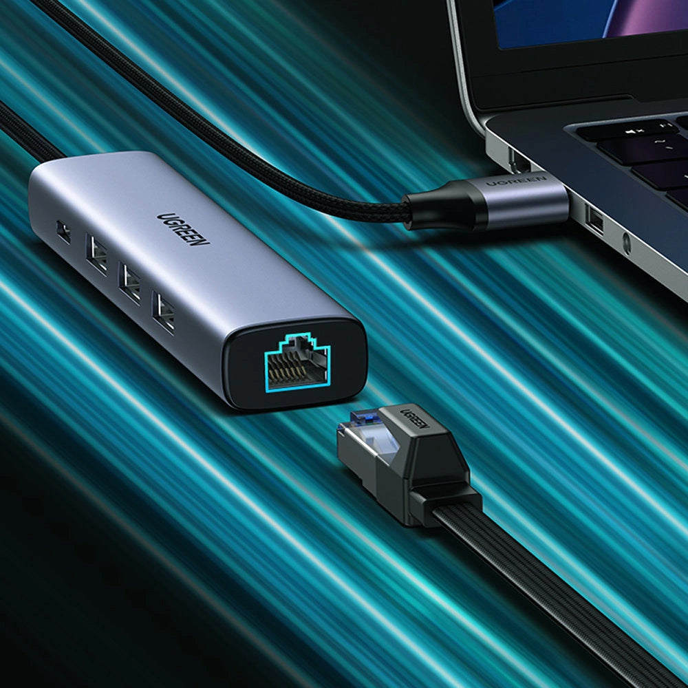 Hub USB UGREEN CM475, 3 x USB-A 3.0 - 1 x USB-C - 1 x RJ45, šedý