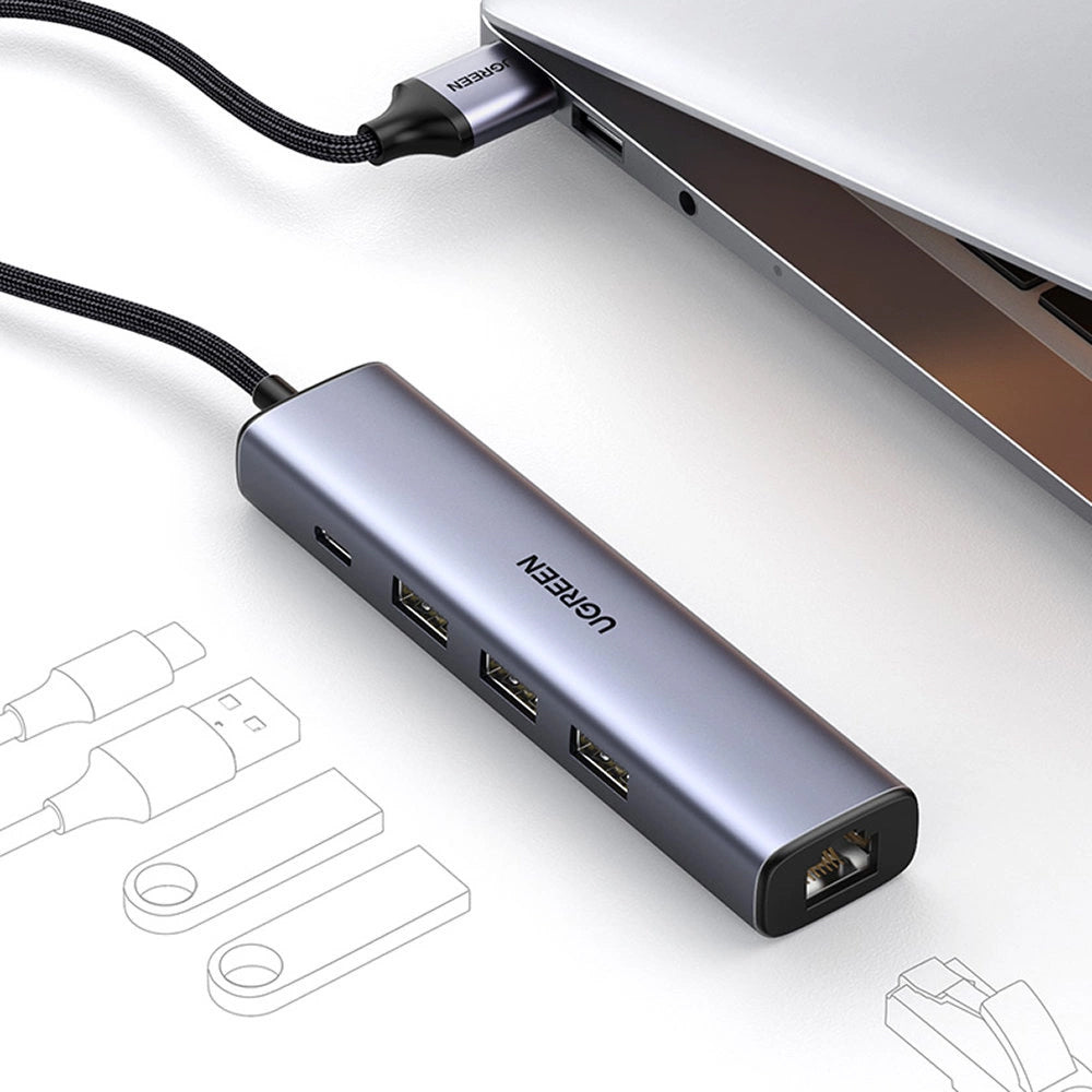 Hub USB UGREEN CM475, 3 x USB-A 3.0 - 1 x USB-C - 1 x RJ45, šedý