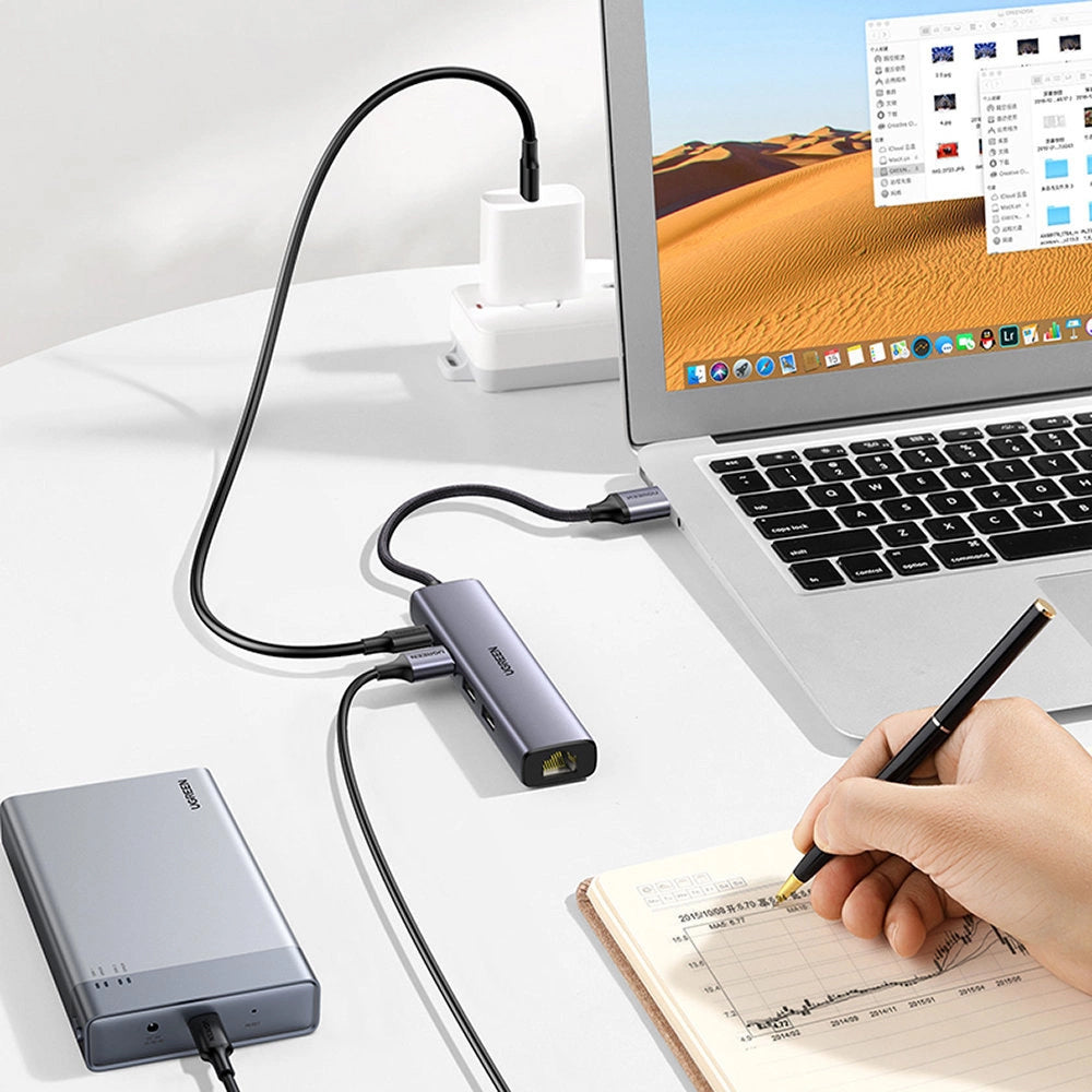 Hub USB UGREEN CM475, 3 x USB-A 3.0 - 1 x USB-C - 1 x RJ45, šedý