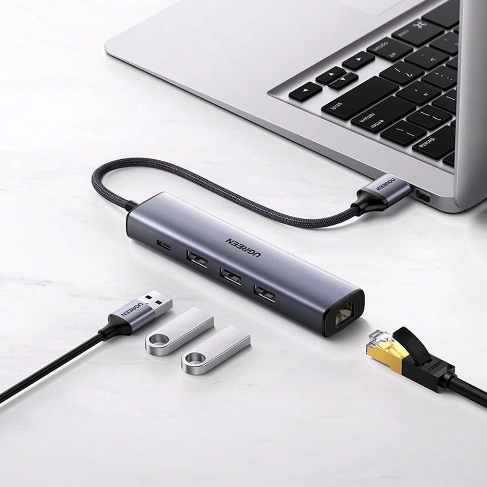 Hub USB UGREEN CM475, 3 x USB-A 3.0 - 1 x USB-C - 1 x RJ45, šedý