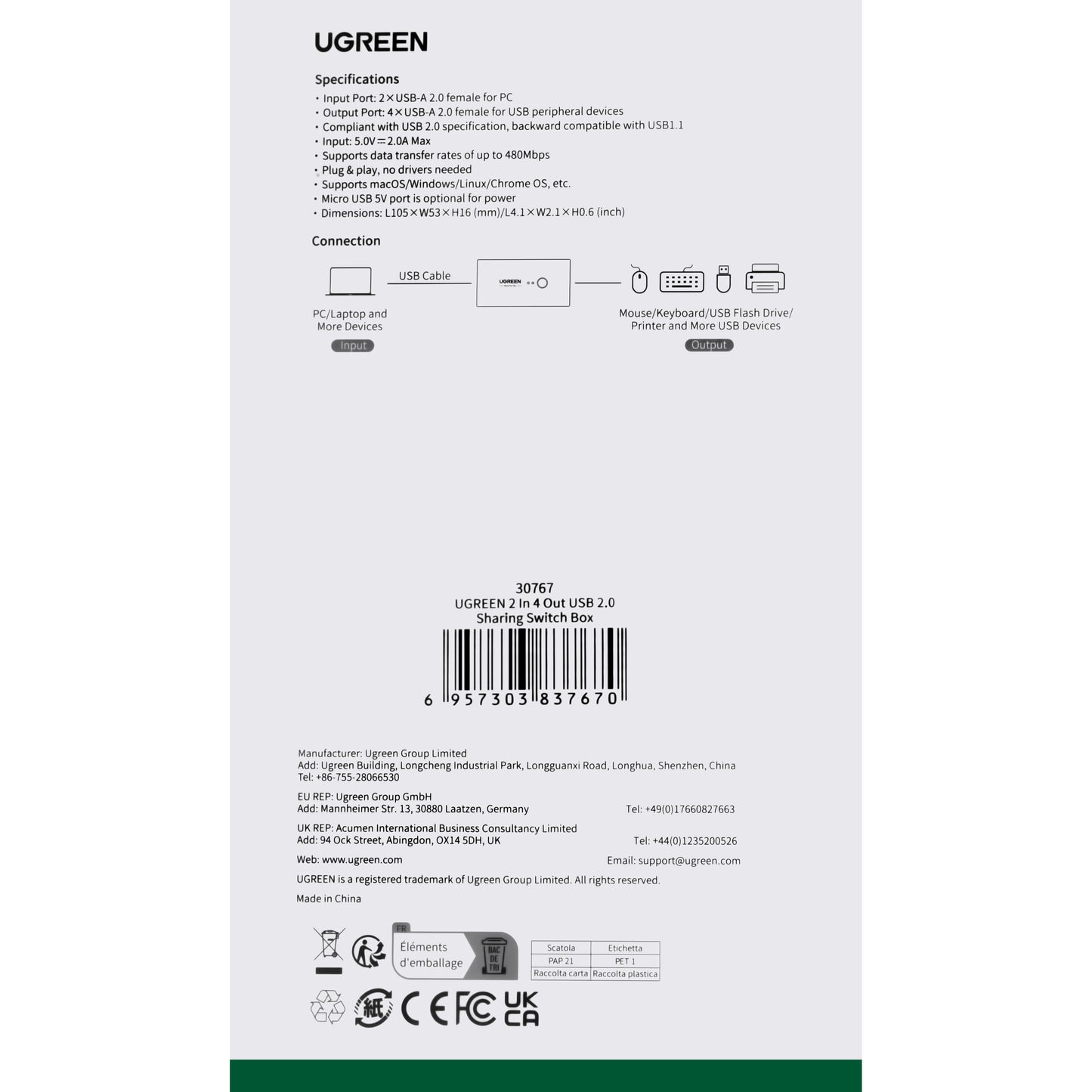 USB přepínač UGREEN US216 (30767) Two Sharing Box, 4 x USB-A, černý