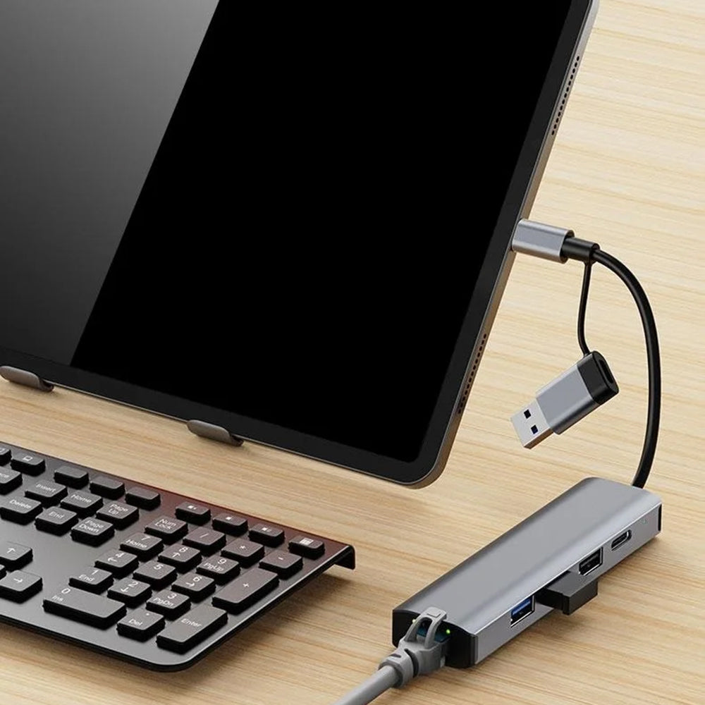 Hub USB / USB-C Techsuit H3 BoostNetLink, 5v1, Šedý