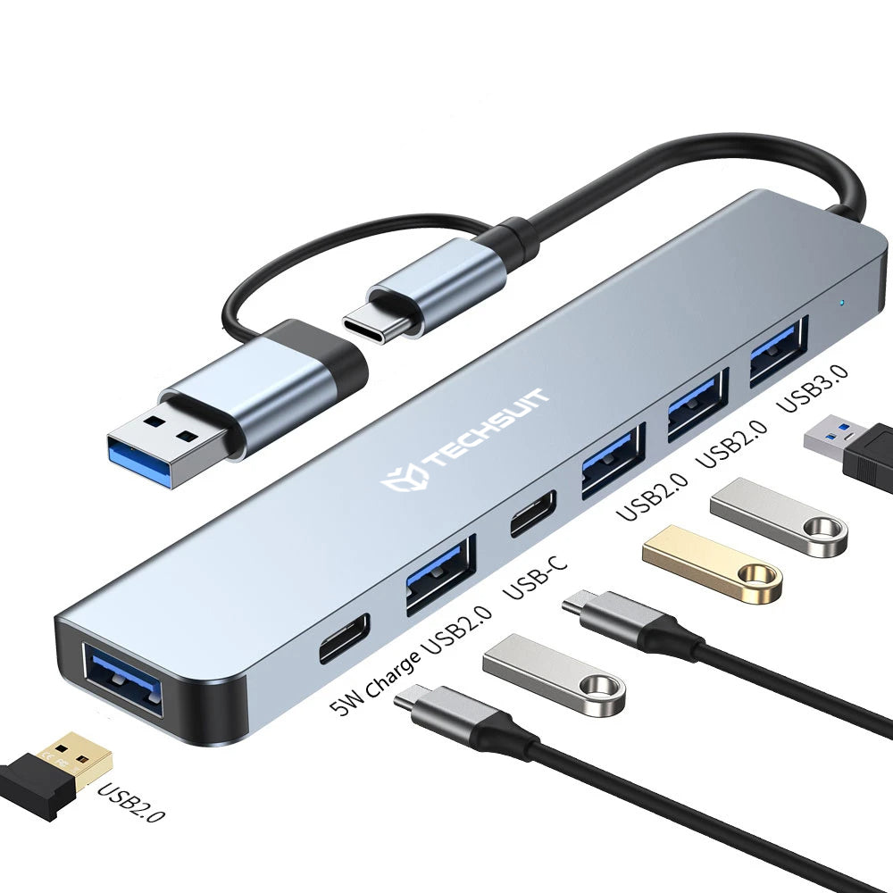 Hub USB / USB-C Techsuit H6 DataBridge, 7v1, Šedý