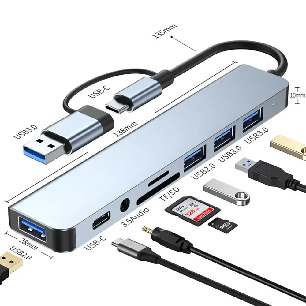 USB / USB-C hub Techsuit H9 DataBridge, 8v1, šedý