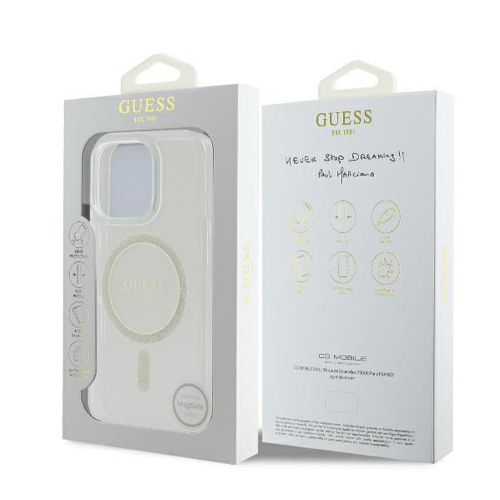 Pouzdro MagSafe pro Apple iPhone 16 Pro, Guess, IML Glitter Ring, Průhledné GUHMP16LHFGERET