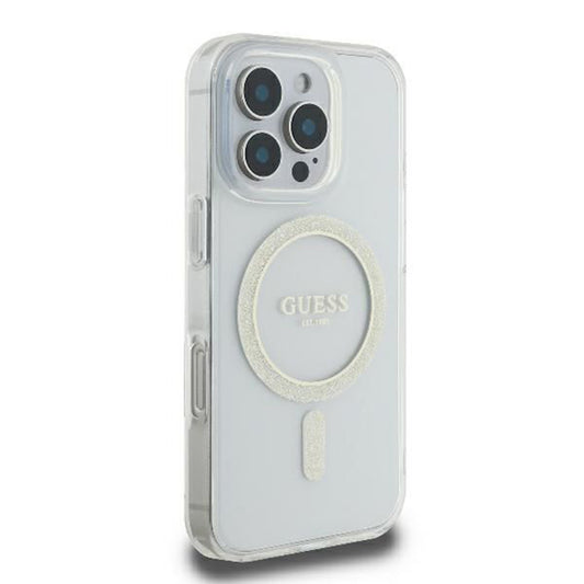 Pouzdro MagSafe pro Apple iPhone 16 Pro, Guess, IML Glitter Ring, Průhledné GUHMP16LHFGERET