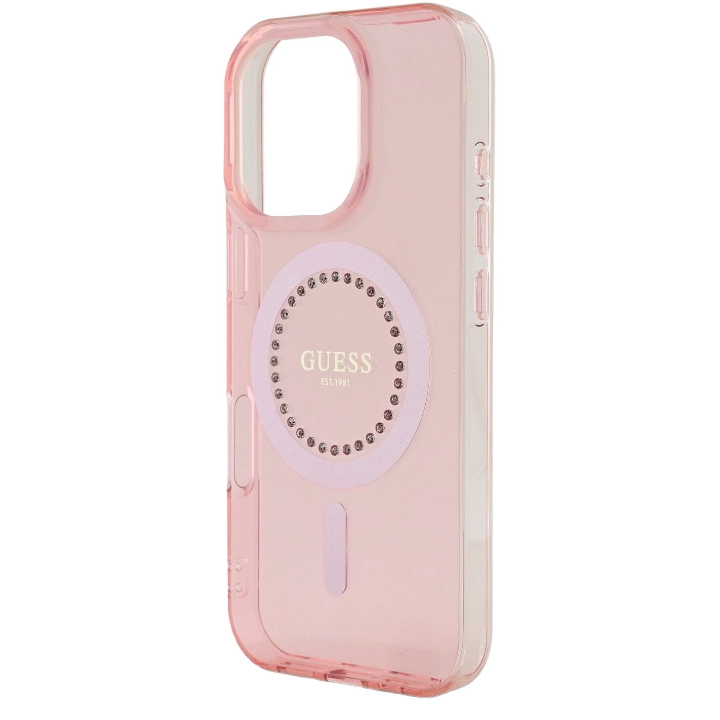 Pouzdro MagSafe pro Apple iPhone 16 Pro Max, Guess, IML Rhinestones Ring, Růžové GUHMP16XPFTDTEP