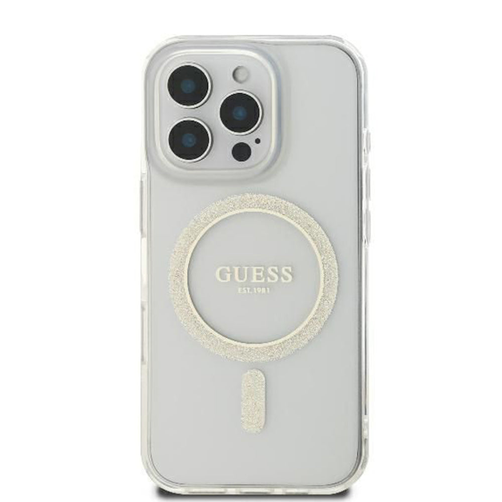 Pouzdro MagSafe pro Apple iPhone 16 Pro, Guess, IML Glitter Ring, Průhledné GUHMP16LHFGERET