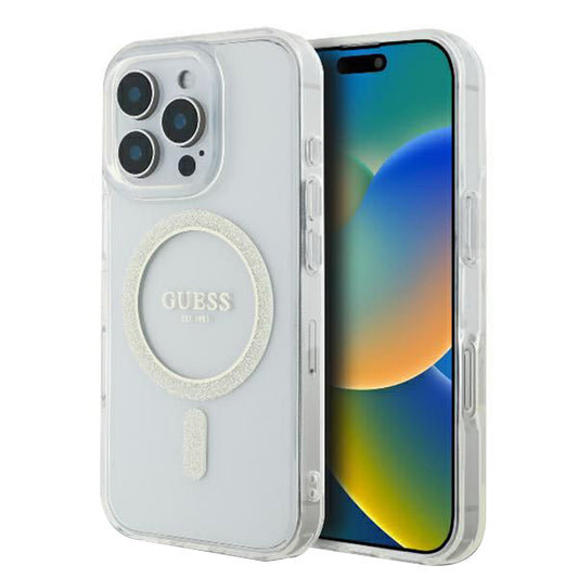 Pouzdro MagSafe pro Apple iPhone 16 Pro, Guess, IML Glitter Ring, Průhledné GUHMP16LHFGERET