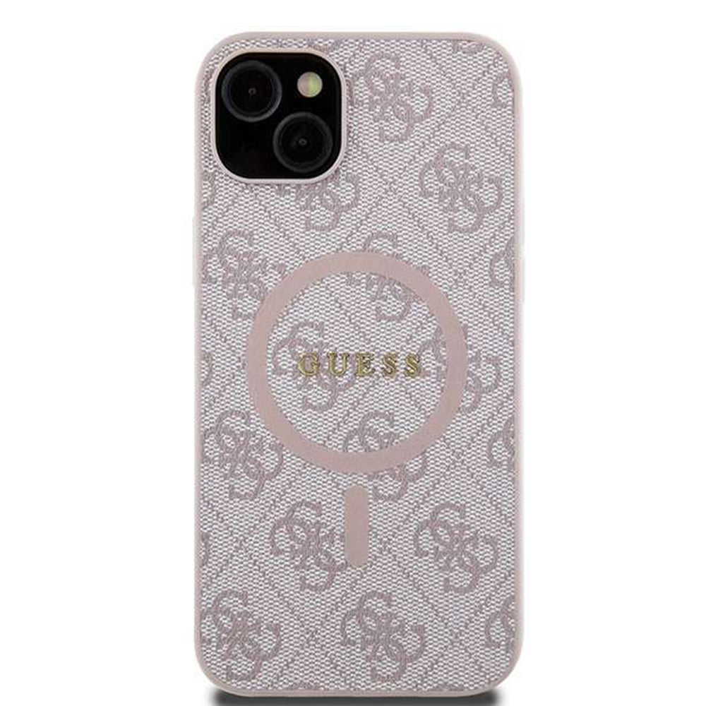 Pouzdro MagSafe pro Apple iPhone 14, Guess, 4G Ring Classic Logo, Růžové