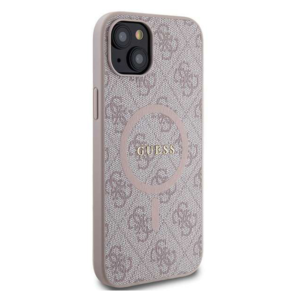 Pouzdro MagSafe pro Apple iPhone 14, Guess, 4G Ring Classic Logo, Růžové
