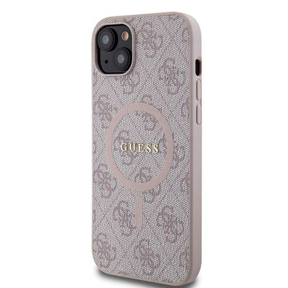 Pouzdro MagSafe pro Apple iPhone 14, Guess, 4G Ring Classic Logo, Růžové