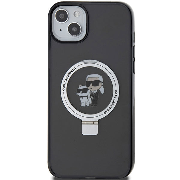 Pouzdro MagSafe pro Apple iPhone 14, Karl Lagerfeld, Ring Stand Karl & Choupette, Černá