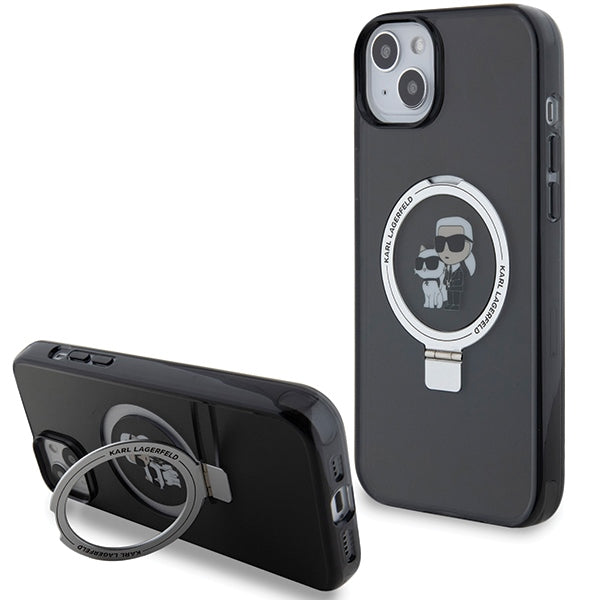 Pouzdro MagSafe pro Apple iPhone 14, Karl Lagerfeld, Ring Stand Karl & Choupette, Černá