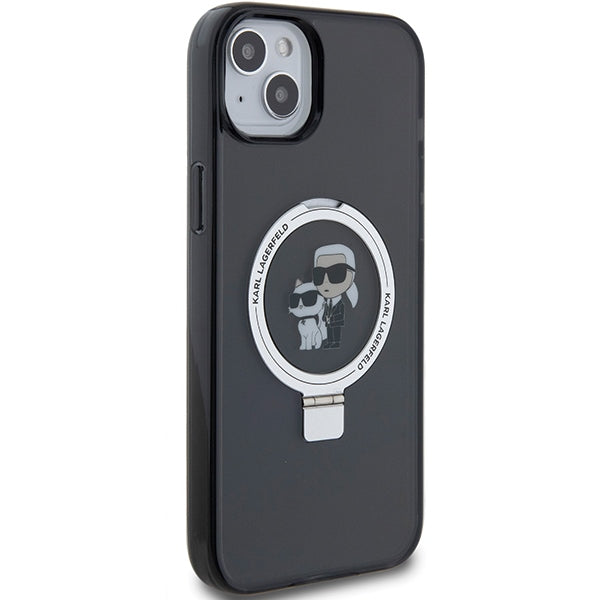 Pouzdro MagSafe pro Apple iPhone 14, Karl Lagerfeld, Ring Stand Karl & Choupette, Černá