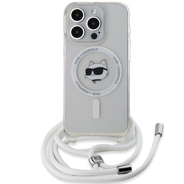 Pouzdro MagSafe pro Apple iPhone 14 Pro, Karl Lagerfeld, IML Crossbody Choupette's Head with Strap, Průhledné
