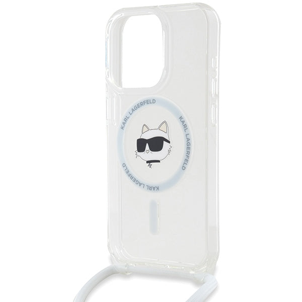 Pouzdro MagSafe pro Apple iPhone 14 Pro, Karl Lagerfeld, IML Crossbody Choupette's Head with Strap, Průhledné