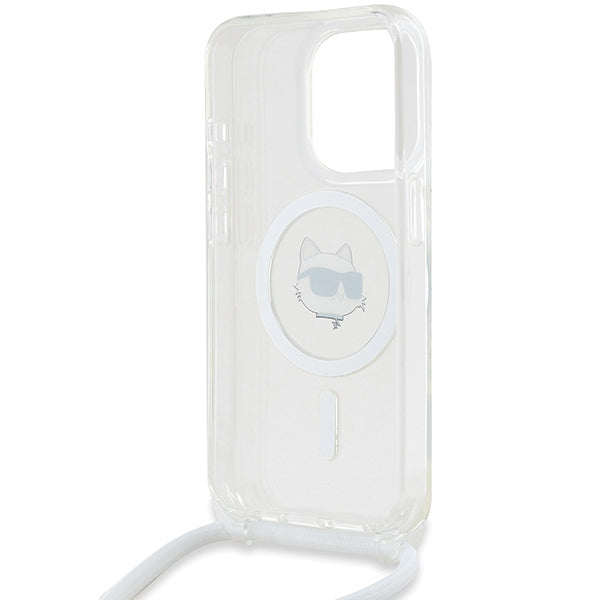 Pouzdro MagSafe pro Apple iPhone 14 Pro, Karl Lagerfeld, IML Crossbody Choupette's Head with Strap, Průhledné