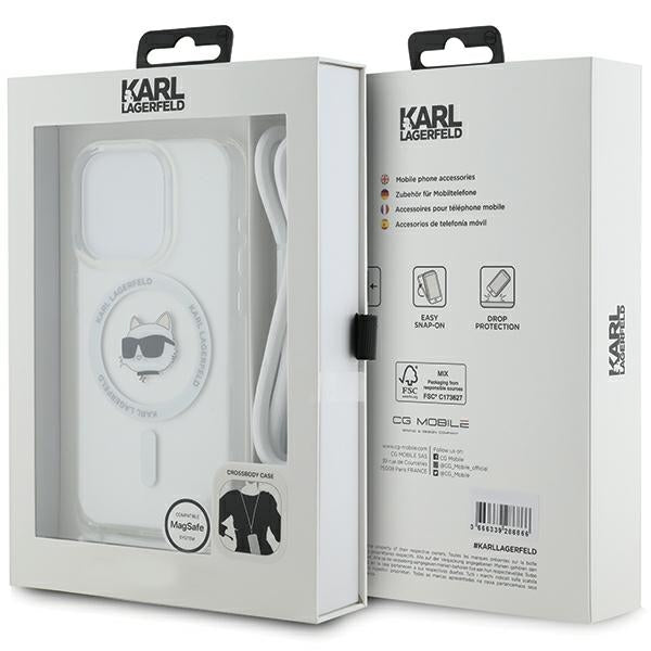 Pouzdro MagSafe pro Apple iPhone 14 Pro, Karl Lagerfeld, IML Crossbody Choupette's Head with Strap, Průhledné