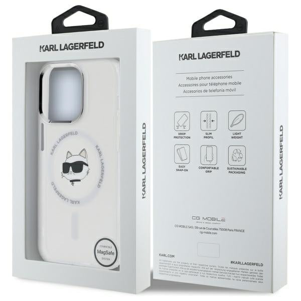 Pouzdro MagSafe pro Apple iPhone 14 Pro, Karl Lagerfeld, IML Metal Choupette's Head, Bílá