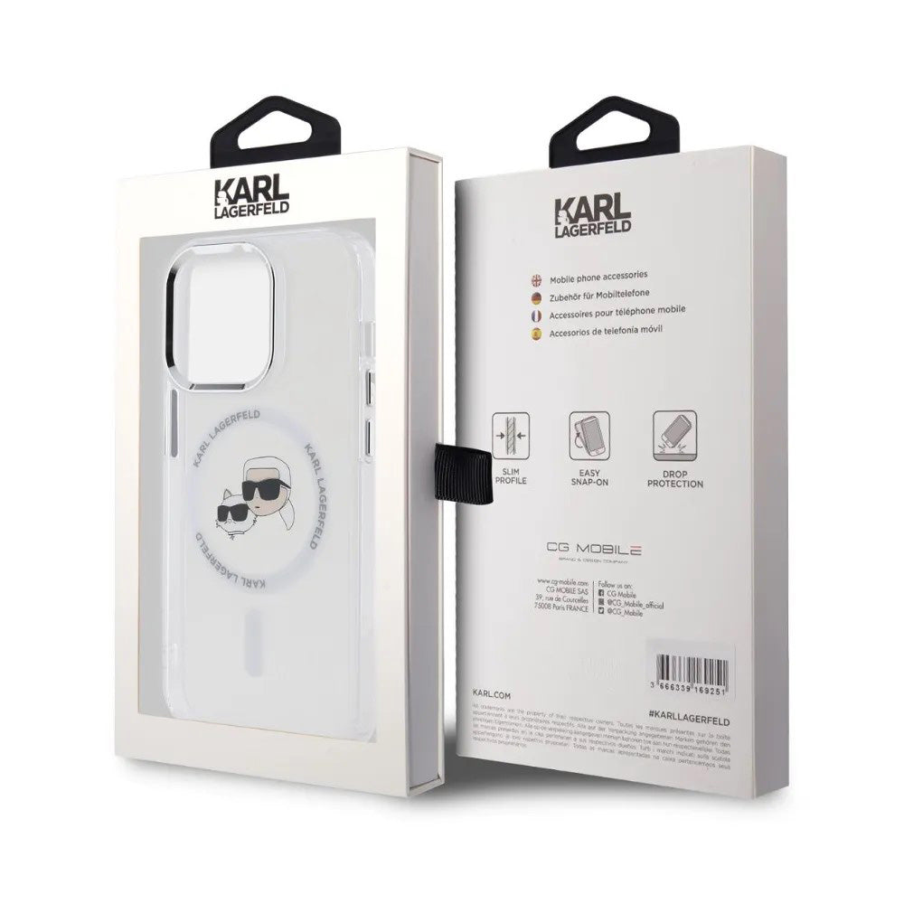Pouzdro MagSafe pro Apple iPhone 14 Pro, Karl Lagerfeld, IML Metal Karl & Choupette's Heads, Bílá.
