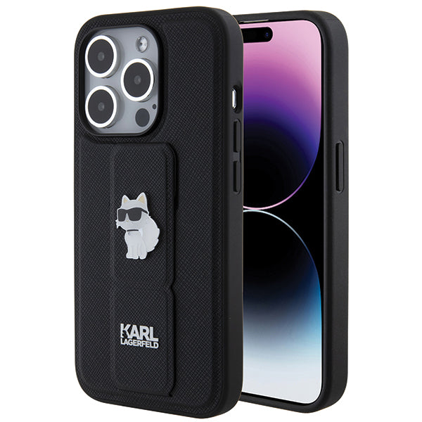 Pouzdro MagSafe pro Apple iPhone 14 Pro, Karl Lagerfeld, Saffiano Gripstand Choupette, Černá.