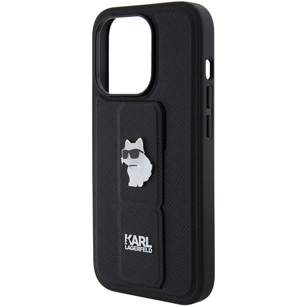 Pouzdro MagSafe pro Apple iPhone 14 Pro, Karl Lagerfeld, Saffiano Gripstand Choupette, Černá.