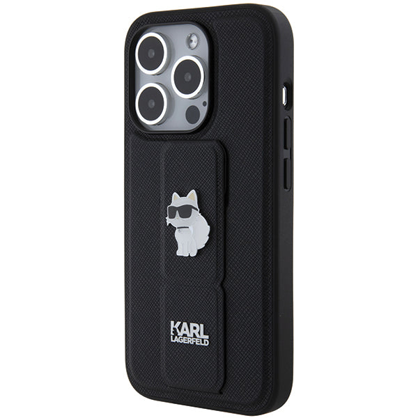 Pouzdro MagSafe pro Apple iPhone 14 Pro, Karl Lagerfeld, Saffiano Gripstand Choupette, Černá.