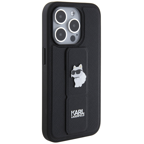 Pouzdro MagSafe pro Apple iPhone 14 Pro, Karl Lagerfeld, Saffiano Gripstand Choupette, Černá.