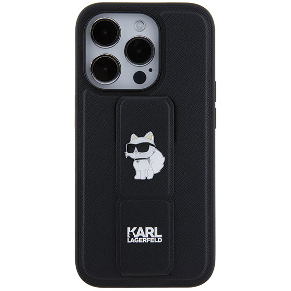 Pouzdro MagSafe pro Apple iPhone 14 Pro, Karl Lagerfeld, Saffiano Gripstand Choupette, Černá.
