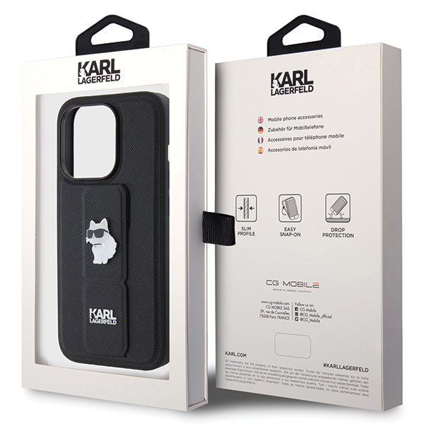 Pouzdro MagSafe pro Apple iPhone 14 Pro, Karl Lagerfeld, Saffiano Gripstand Choupette, Černá.