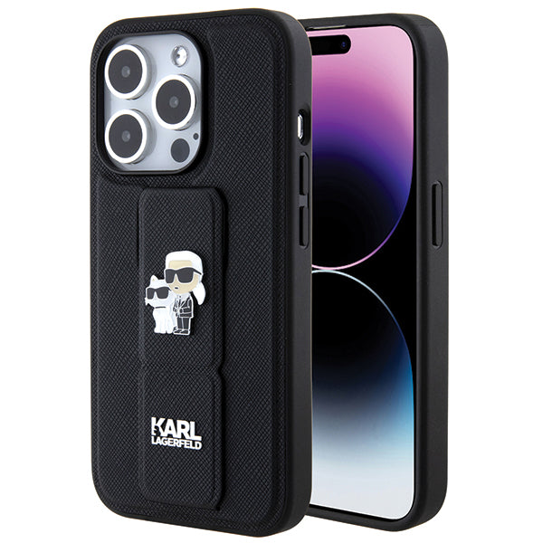 Pouzdro MagSafe pro Apple iPhone 14 Pro, Karl Lagerfeld, Saffiano Gripstand Karl & Choupette, Černá