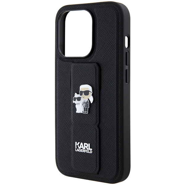 Pouzdro MagSafe pro Apple iPhone 14 Pro, Karl Lagerfeld, Saffiano Gripstand Karl & Choupette, Černá
