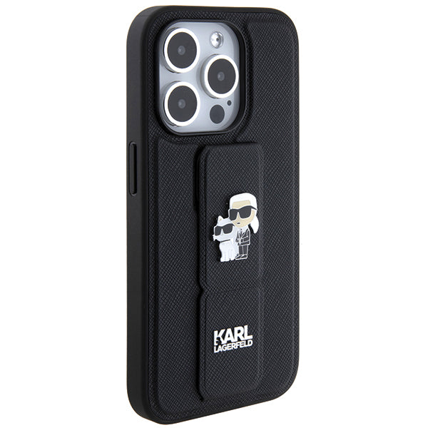 Pouzdro MagSafe pro Apple iPhone 14 Pro, Karl Lagerfeld, Saffiano Gripstand Karl & Choupette, Černá
